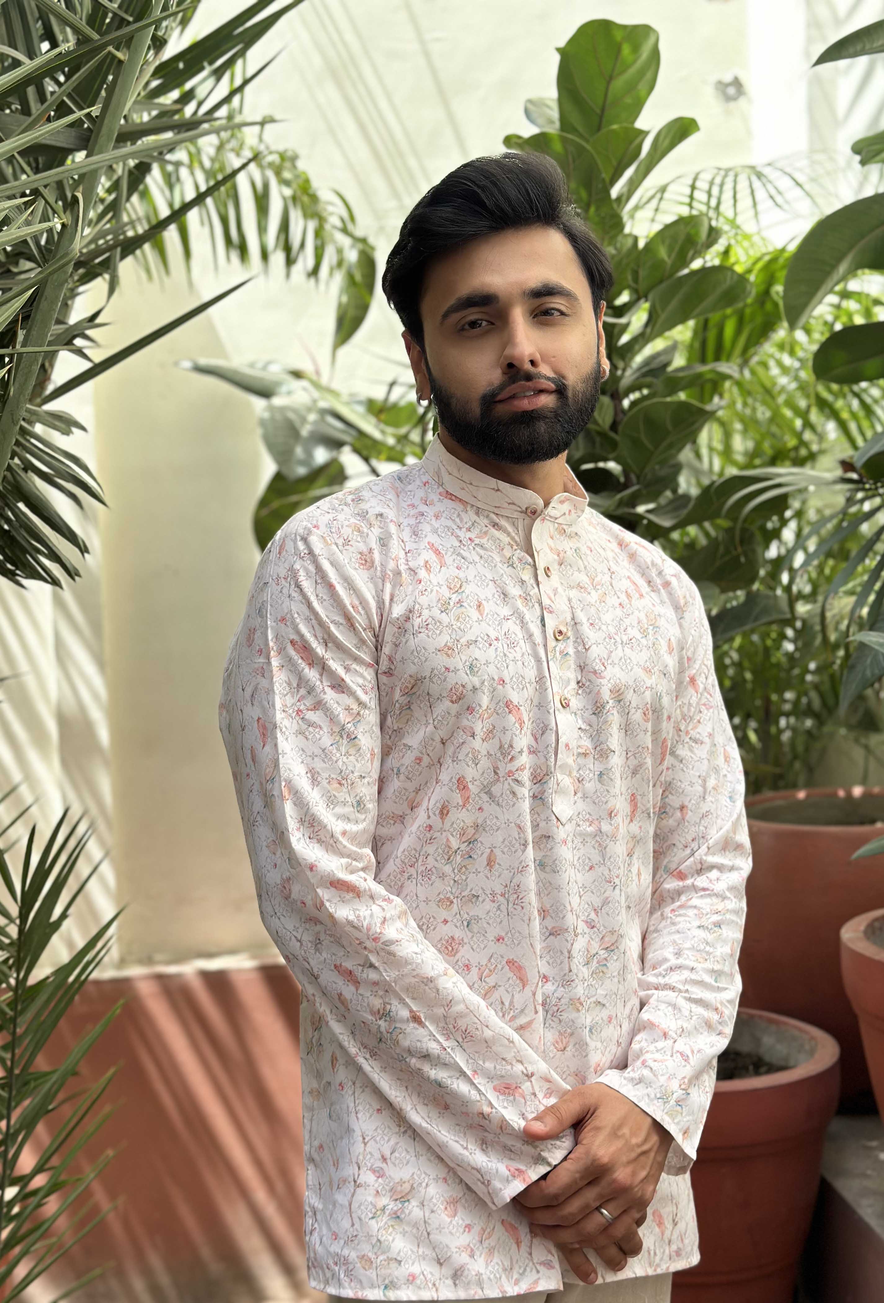 Cream Floral Short Kurta